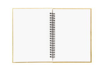 Blank open notebook isolated on transparent background, PNG.