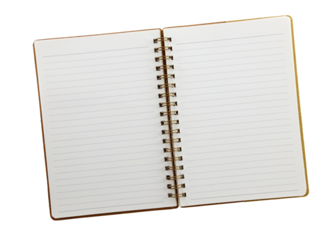 Blank open notebook isolated on transparent background, PNG.