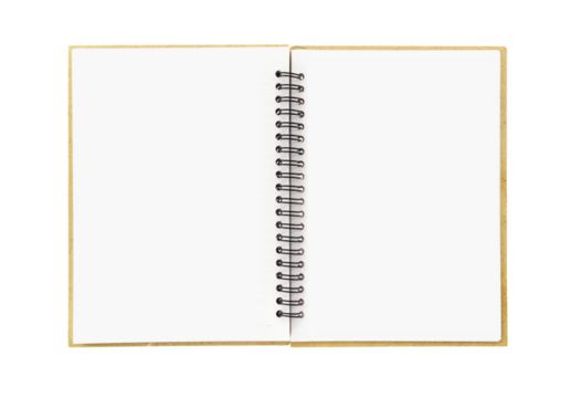 Blank open notebook isolated on transparent background, PNG.
