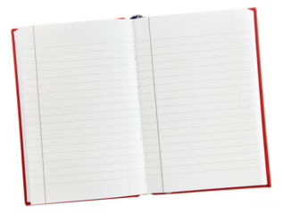 Blank open notebook isolated on transparent background, PNG.
