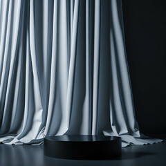Elegant Modern Luxury  Empty Podium Table Top With Soft Light And Curtains Behind, Background Design For Cosmetic and Fragrances Product Display, Generative AI