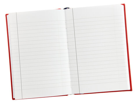 Blank open notebook isolated on transparent background, PNG.
