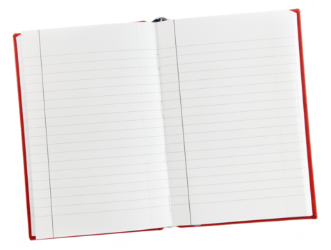 Blank open notebook isolated on transparent background, PNG.