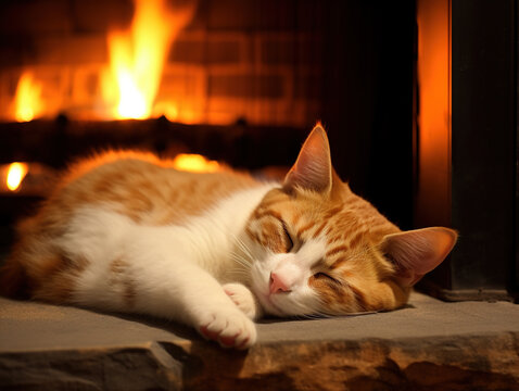 a contented cat is seen napping peacefully by the warm glow of the fireplace. The soft Christmas decorations nearby and the crackling of the fire provide a serene ambiance