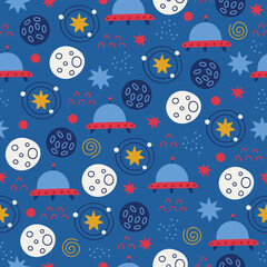Obraz premium Space seamless pattern with stars, planets, ufo on blue background