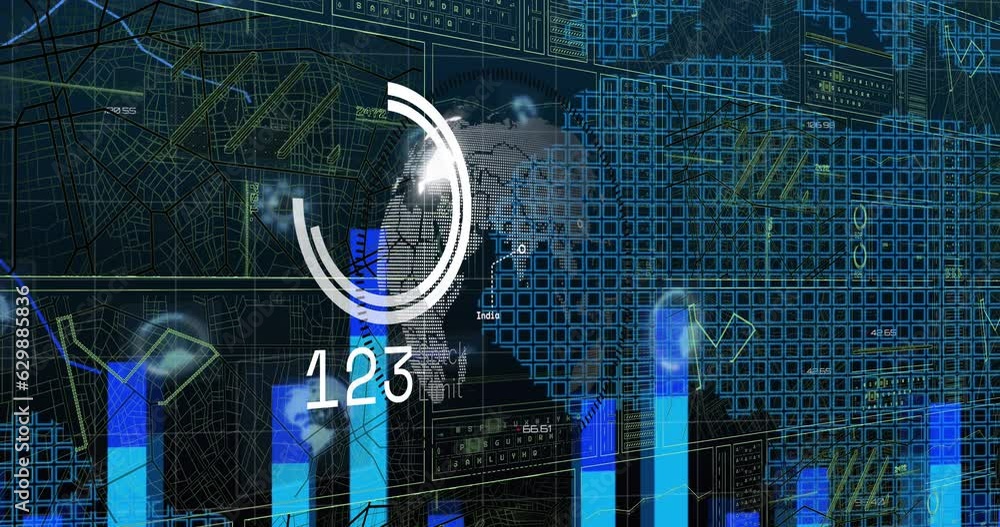 Poster animation of interface with statistical and stock market data processing over globe and world map