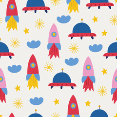 Space seamless pattern with rockets, clouds and stars. Vector illustration