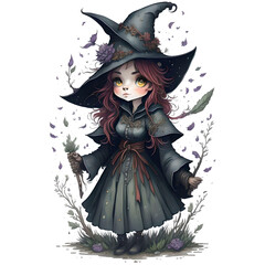 Watercolor Cute witch PNG Design,  Can be used for the logo, t-shirt design, posters, banners, greetings, print design, generative ai	
