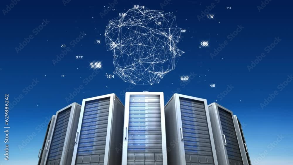 Poster animation of globe of network of connections over computer servers against bue background