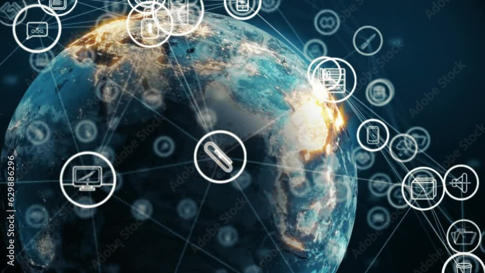 Poster animation of network of digital icons over a globe against blue background
