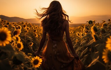 Girl walking through Sunflower Stroll. Generative AI