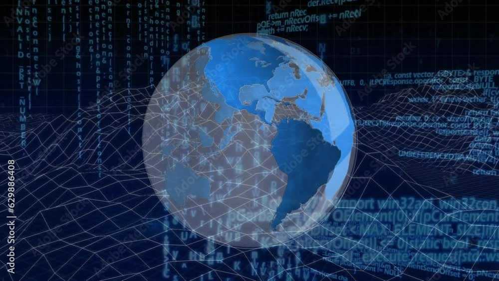 Poster animation of data processing over spinning globe and metaverse structures against black background