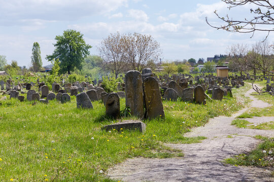 Ancient Jewish cemetery with old stone tombstones in sunny day