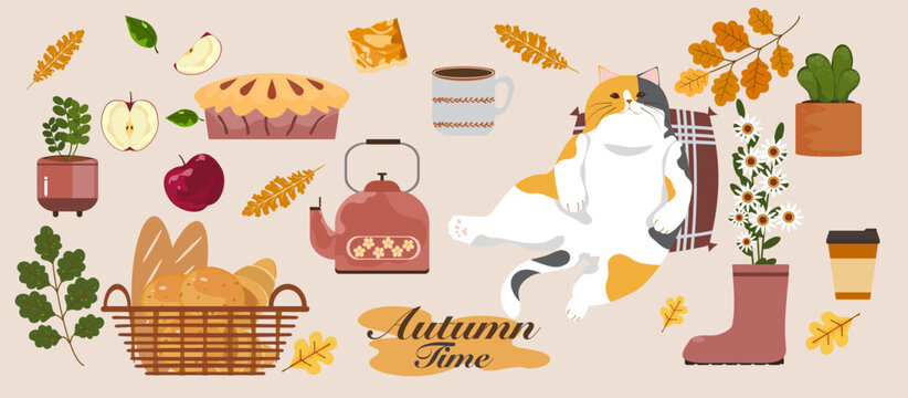 Vector illustration of a casual day With tricolor fat cats resting in the house, autumn, sweets, hot tea, and plants in pots and leaves. Illustrations for posters, cards, or backgrounds.