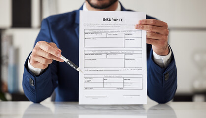 Insurance, signature and documents with hands of lawyer for offer, contract and review. Advisor,...