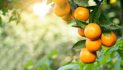 Fresh orange fruits in garden and summer sun light. Free space for your text.