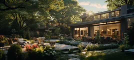Fototapeta na wymiar Modern architecture tropical home garden background. Generative AI technology.