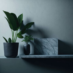 Modern Style Table Top Counter With Green Plant In Pot, Fresh Background Design For Product Display, Generative AI