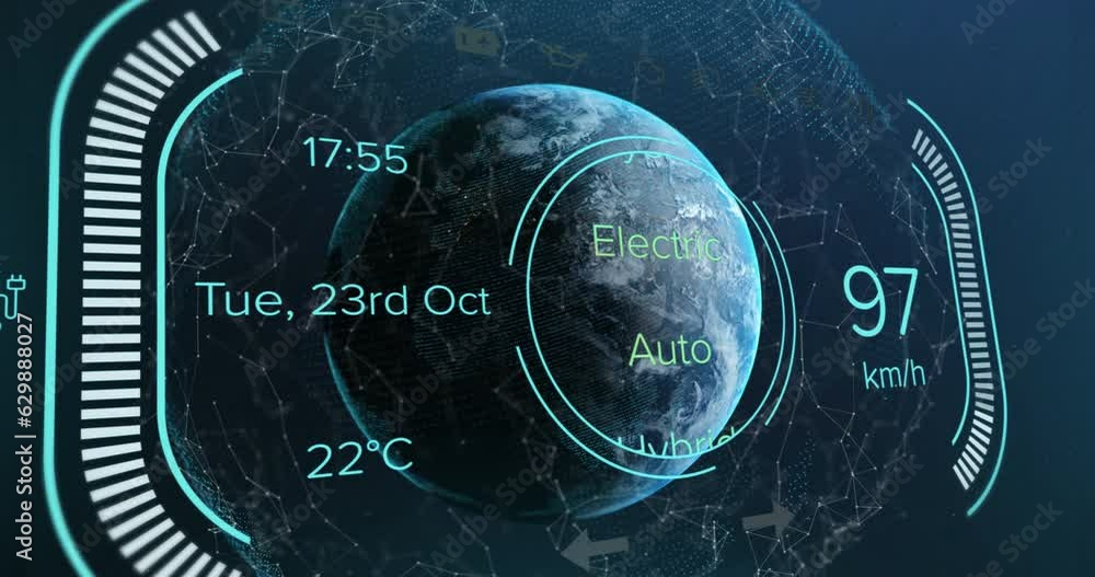 Poster animation of car interface with data processing and network of connections over spinning globe