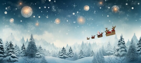 Santa Claus flying sleigh on winter snowy forest background. Christmas and new year event concept. Generative AI technology.