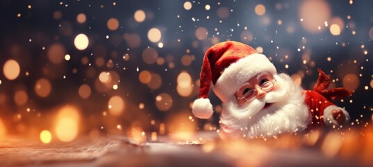 Happy Santa Claus doll in bokeh winter night background. Christmas and New Year event concept. Generative AI technology.