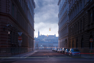 Matthias Church view in a gap between buildings