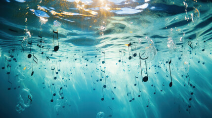 Conceptual image of musical notes underwater, symbolizing the sounds and music of the ocean's...