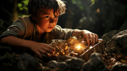 Portrait of a child discovering a hidden treasure.