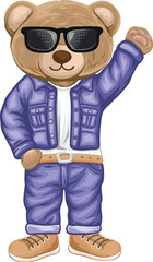 Fashionable Bear doll wearing sunglasses and denim waving hand to say HI in street fashion. Hand drawn vector illustration
