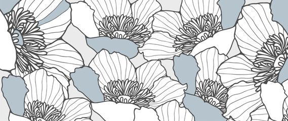 Grey-blue floral background with cute lush flowers. Floral print for decor, wallpapers, cards and presentations