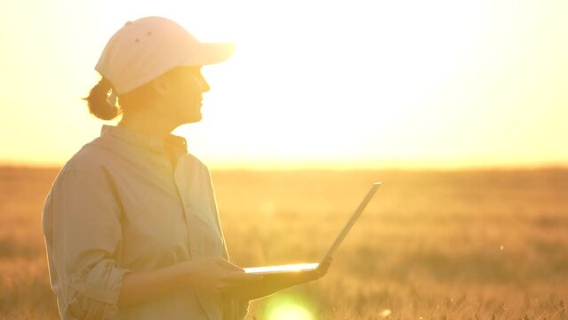 Female farmer with laptop in wheat field at sunset
