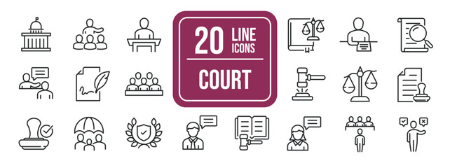 Court minimal thin line icons. Related nailing, law, justice, judgement, investigation. Editable stroke. Vector illustration.