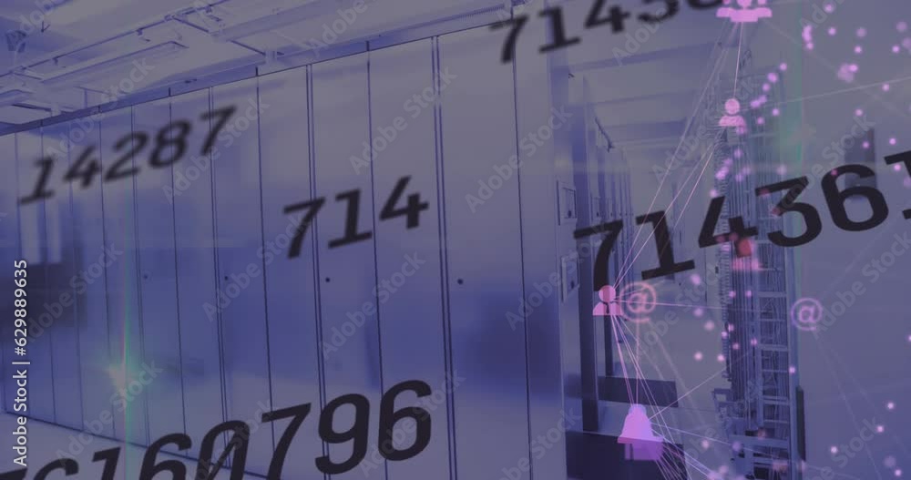 Poster animation of numbers changing and connected icons over data server room