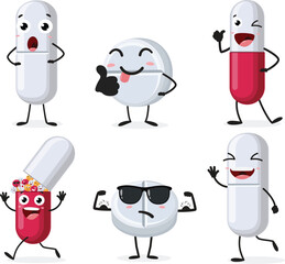 Cartoon Funny tablets, Pills and capsules, Healthcare and medicine, set of Cute characters, Isolated on white background
