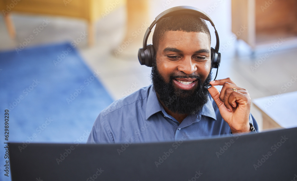 Canvas Prints Call center, customer support and black man on computer talking at desk for friendly service. Telemarketing, business and happy male consultant with headset for communication, crm help and contact