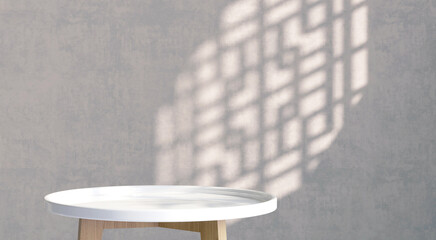 Minimal, modern round glossy wood podium in sunlight and Chinese window grill shadow on blank gray cement wall. Luxury Asian beauty, cosmetic, skincare, food, drink product display background 3D