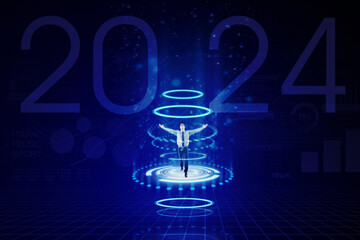 Happy businessman raising hands inside futuristic circles over 2024 financial data