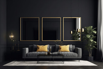Modern luxury living room interior background, living room interior mockup, interior with black walls, dark interior of living room with black wall, sofa, and empty frame, generative AI