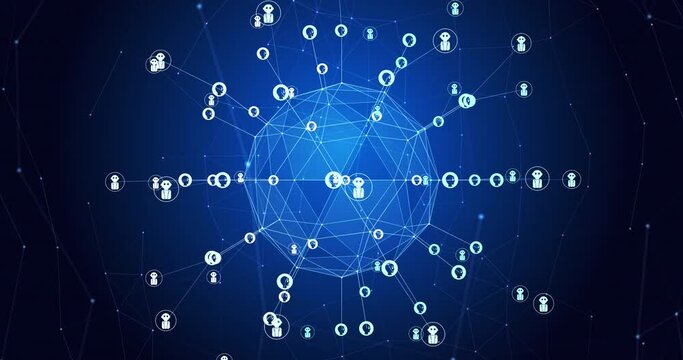 Animation of globe rotating with people and robot icons connected with lines