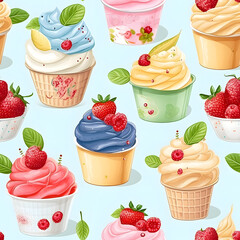 Seamless patterns of ice cream cup with fruits and berry. Watercolor illustration background, Generative AI