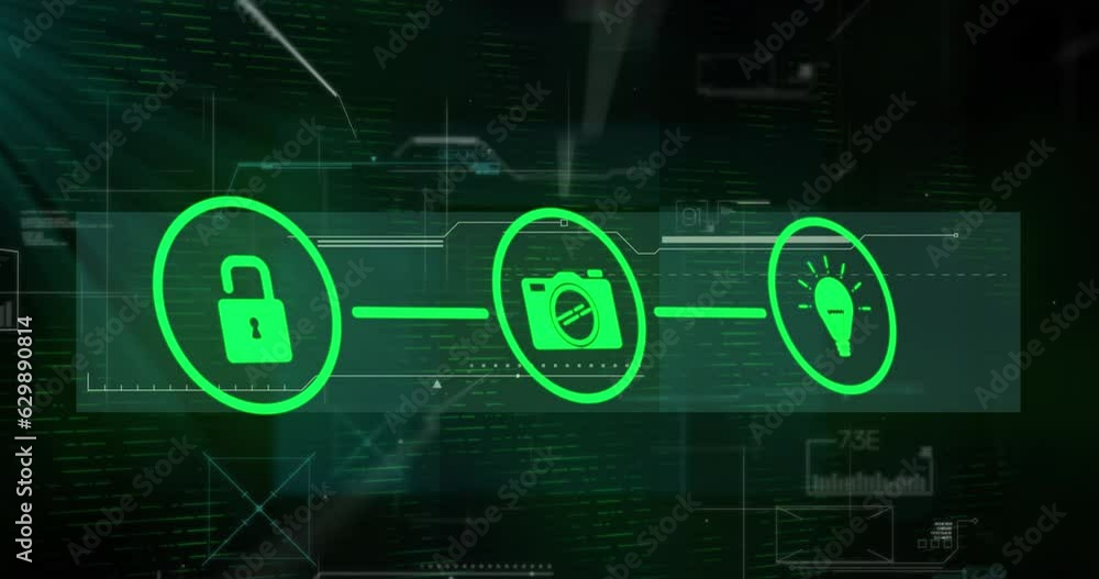 Poster animation of lock, camera, light bulb forming flowchart over programming language