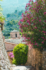 View of a medieval street in the Old Town of the picturesque Spanish-style village Fornalutx, Majorca or Mallorca island