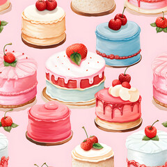 Seamless patterns of various cake with fruits and berry. Watercolor illustration background, Generative AI