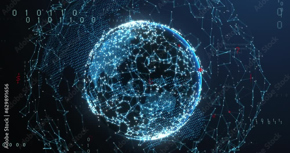 Poster animation of illuminated connected dots forming globe and moving binary codes