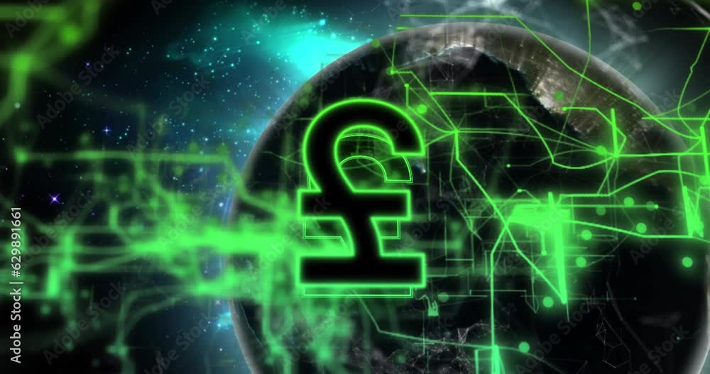 Poster animation of illuminated pound currency sign with connected dots over globes
