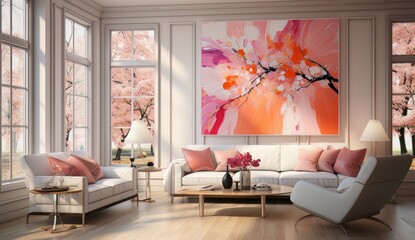 a living room with a pink