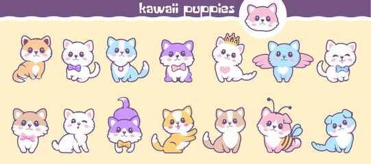 Cute colorful puppies, kawaii kittens.