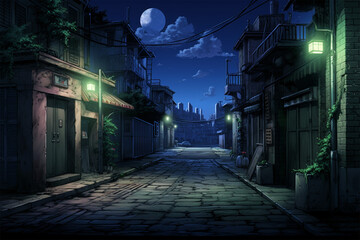 view with narrow street at nighttime anime style