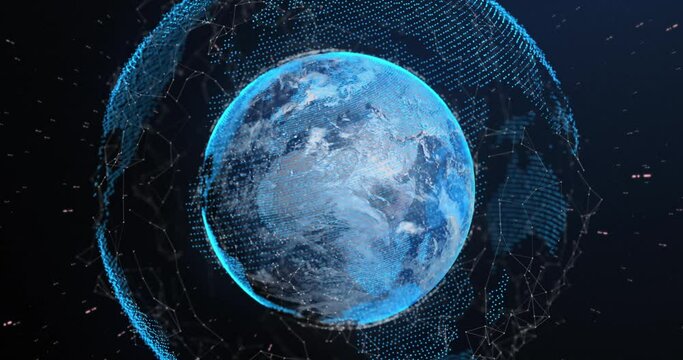 Animation of rays moving over globe with connected dots and map