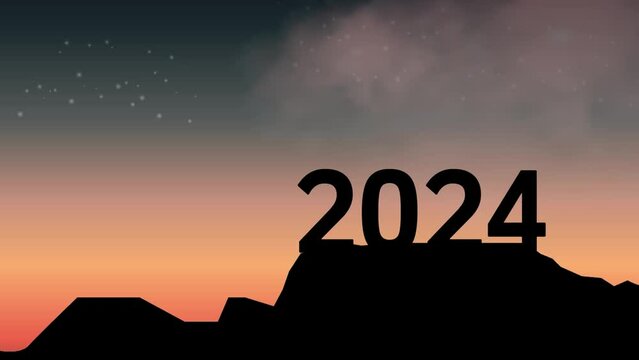 mountain with new year 2024 silhouette on sunset background